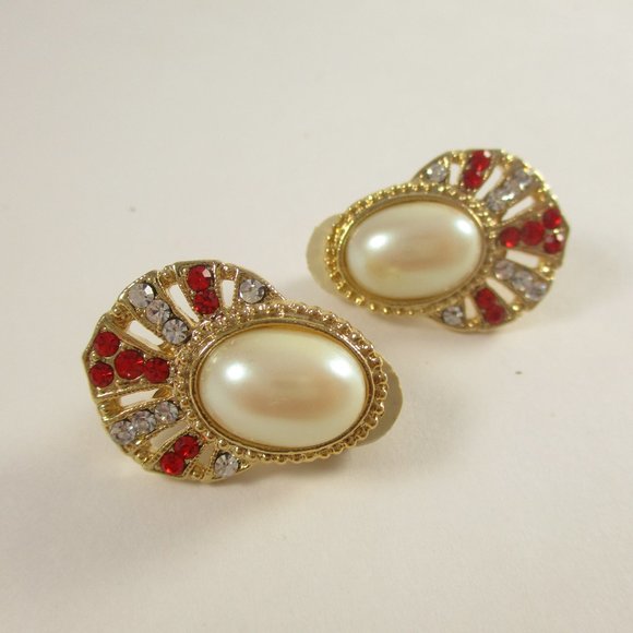 80s Glam VTG Clip On Rhinestone Red Gold Earrings - Picture 2 of 6